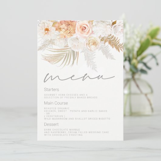 Prachtige Blush, Goud & Ivoor Bruiloft Menu (Staand voorkant)