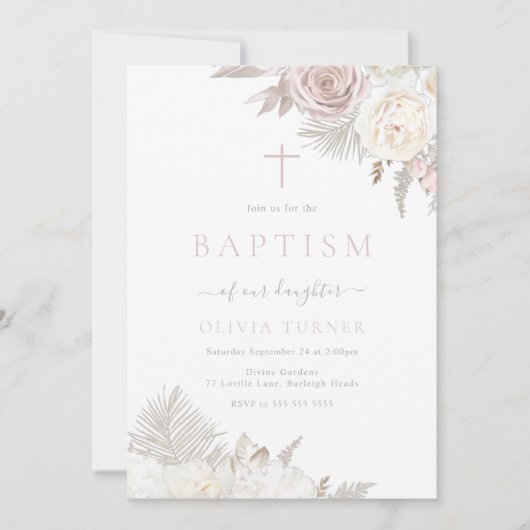 Prachtige Blush & Ivoor Bloemen Doop Kaart (Voorkant)