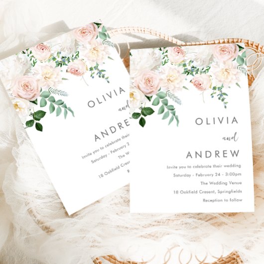 Prachtige Blush & Ivory White Floral Modern Weddin Kaart