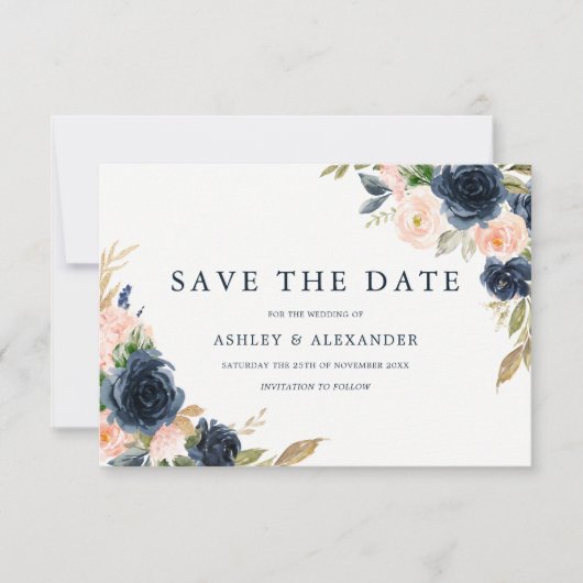 Prachtige Blush & Navy Bloemige Bruiloft Save The Date (Voorkant)