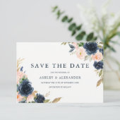 Prachtige Blush & Navy Bloemige Bruiloft Save The Date (Staand voorkant)