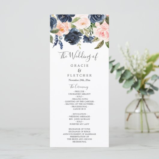 Prachtige Blush & Navy Flowers Wedding Programmakaart (Staand voorkant)