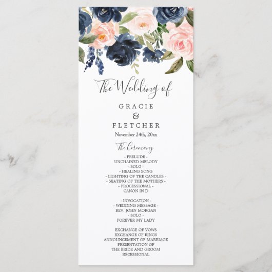Prachtige Blush & Navy Flowers Wedding Programmakaart (Voorkant)
