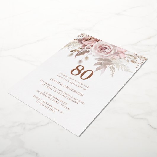 Prachtige blush Roos 80th Birthday Roos Gold Folie Uitnodiging (Gedraaid)