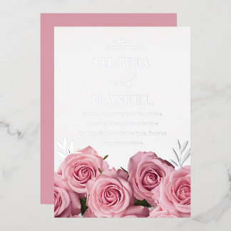 Prachtige Blush Roze Rozen Bruiloft Zilver Folie Uitnodiging