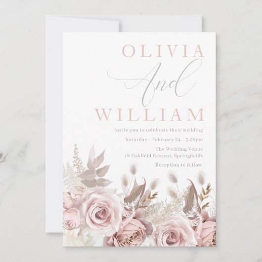 Prachtige blush roze Rozen Floral Wedding Kaart (Voorkant)