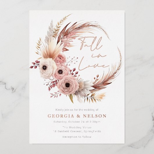 Prachtige Boheemse krans Herfst in liefde bruiloft Folie Uitnodiging (Voorkant)