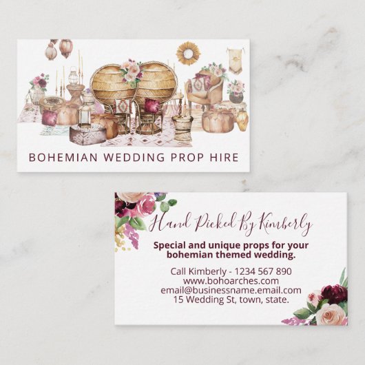 Prachtige Bohemian Boho Thed Wedding Prop Hire Visitekaartje (Voorkant / Achterkant)