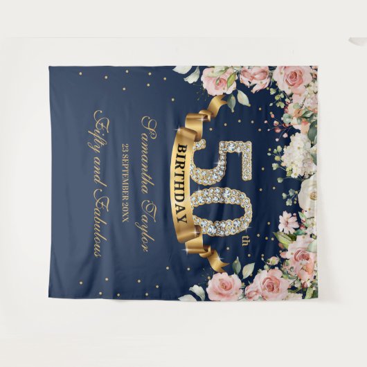 Prachtige boho marine en roze roze bloem verjaarda wandkleed (Voorkant (horizontaal))