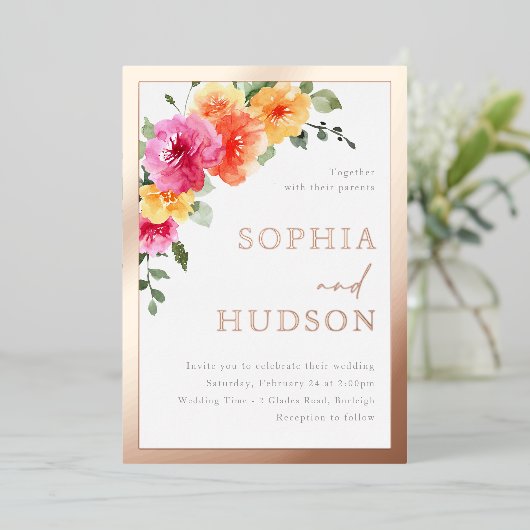 Prachtige Bold Waterverf Bloemen bruiloft Roos Gol Folie Uitnodiging (Staand Voorkant)