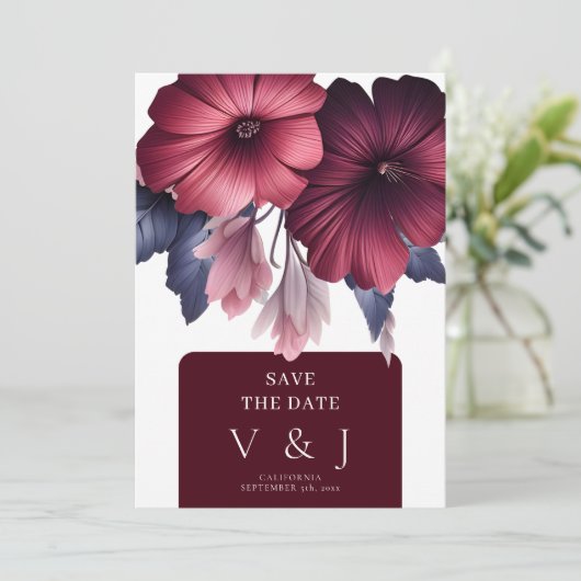 Prachtige bordeaux blos roze bloemig Save the Date Kaart (Staand voorkant)