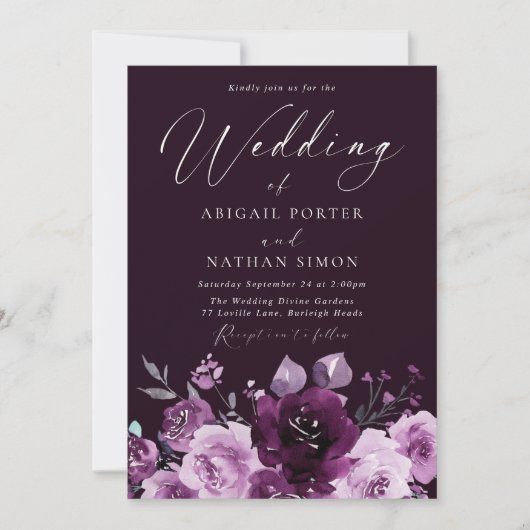 Prachtige bordeauxrode wijn & mauve elegante trouw kaart (Voorkant)