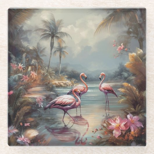 prachtige  botanische schilderflamingos glazen onderzetter (Voorkant)
