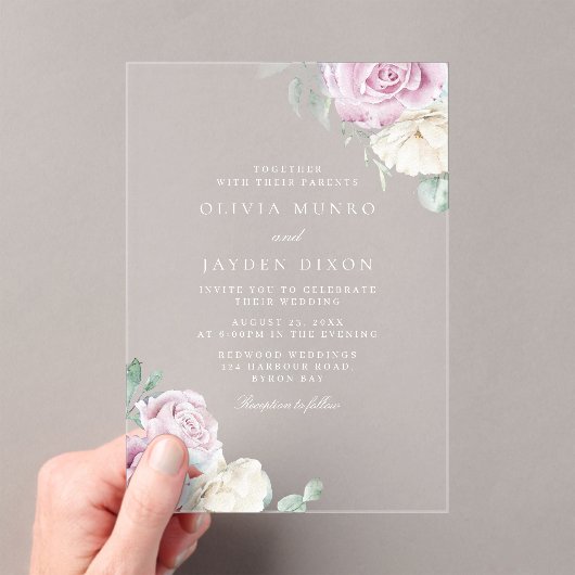 Prachtige Botanische Witte & Blush Bloemen Huwelij Acryl Uitnodigingen (Insitu (Draagbaar))