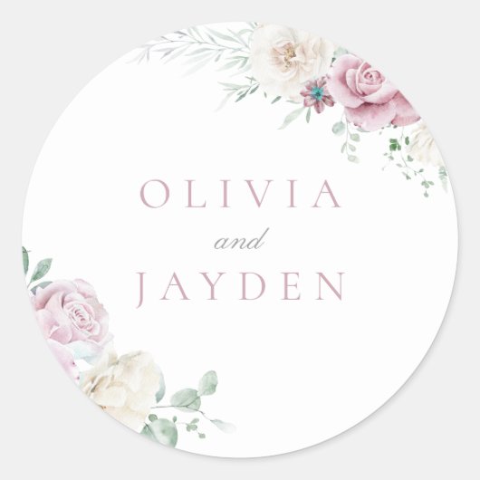 Prachtige Botanische Witte & Blush Bloemen Huwelij Ronde Sticker (Voorkant)