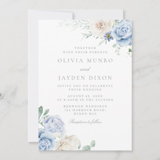 Prachtige botanische witte en blauwe bloemen bruil kaart (Voorkant)