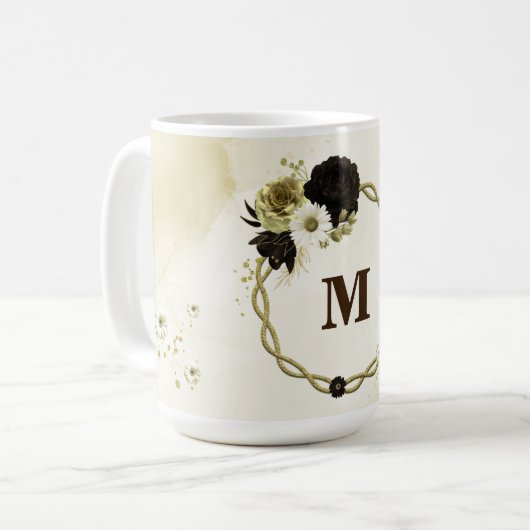 Prachtige bruine ivoor gouden bloemen monogram koffiemok (Voorkant links)