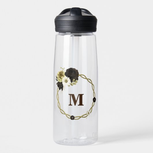 Prachtige bruine ivoor gouden bloemen monogram waterfles (Voorkant)