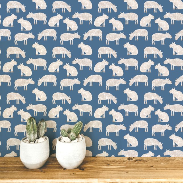 Prachtige Capybara Kunst Behang (Fun Capybara teal green animal art wallpaper)