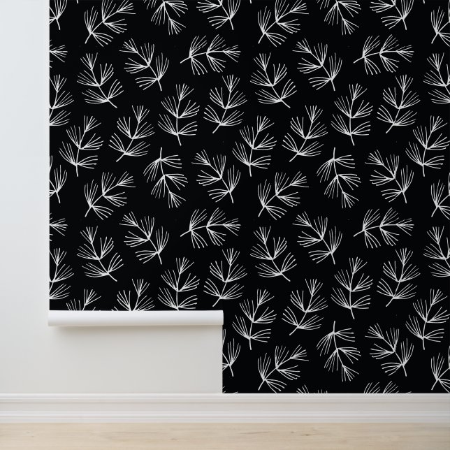 Prachtige Classy Black met White Line Pine Boughs Behang (Applicatie)