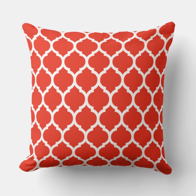 Prachtige Coral Red Moroccan Quatrefoil Pattern Kussen (Voorkant)