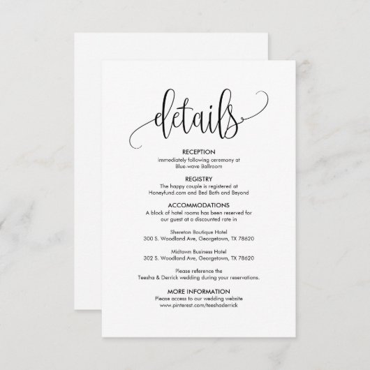 Prachtige details over onze bruiloft Modern elegan Informatiekaartje (Voorkant / Achterkant)