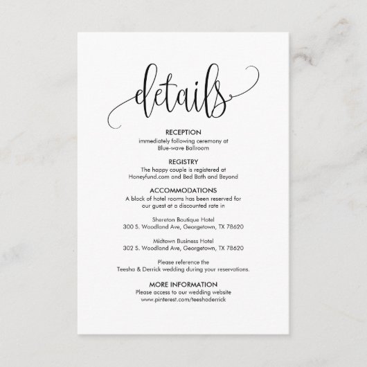 Prachtige details over onze bruiloft Modern elegan Informatiekaartje (Voorkant)
