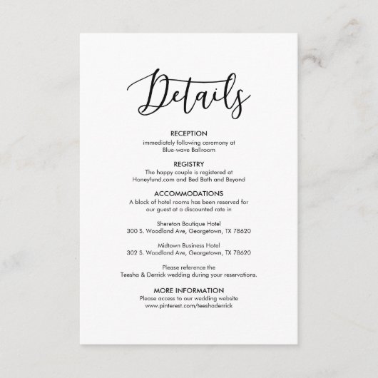 Prachtige details over onze bruiloft Modern elegan Informatiekaartje (Voorkant)