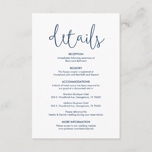 Prachtige details over onze bruiloft Moderne lande Informatiekaartje (Voorkant)