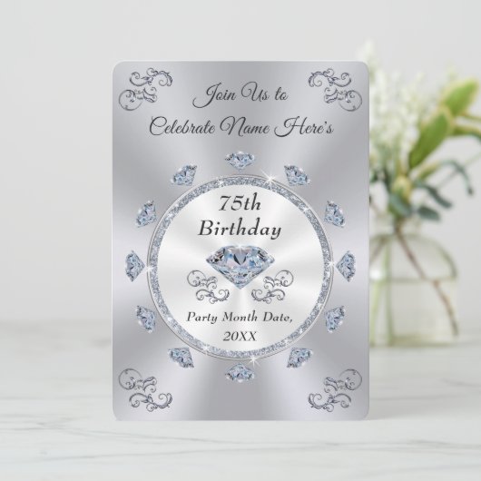 Prachtige diamant, 75e verjaardagsuitnodiging Kaar Kaart (Staand voorkant)