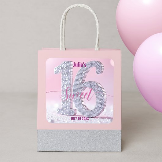 Prachtige Diamond Sweet Sixteen Roze Glam Verjaard Vierkante Sticker
