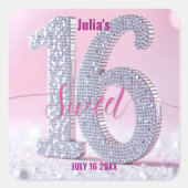 Prachtige Diamond Sweet Sixteen Roze Glam Verjaard Vierkante Sticker (Voorkant)