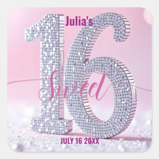 Prachtige Diamond Sweet Sixteen Roze Glam Verjaard Vierkante Sticker (Voorkant)