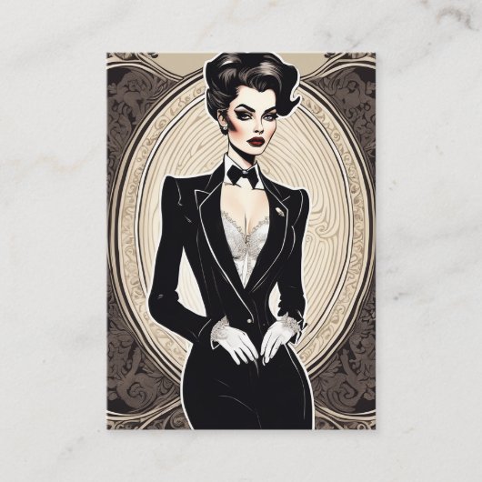 Prachtige diva gekleed in le Smoking smoking, vint Visitekaartje (Voorkant)