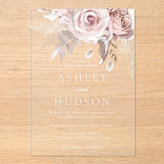 Prachtige Dusty Roos & Blush Wedding Acryl Uitnodigingen (Voorkant)