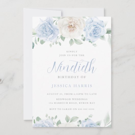 Prachtige Elegant Blauw & Wit Bloemen 90ste Verjaa Kaart (Voorkant)