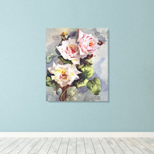 Prachtige Elegant roze rozen Waterverf schilderen Canvas Afdruk (Insitu (Houten vloer))
