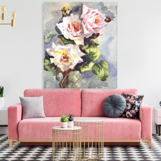Prachtige Elegant roze rozen Waterverf schilderen Canvas Afdruk (Insitu (Woonkamer))