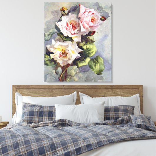 Prachtige Elegant roze rozen Waterverf schilderen Canvas Afdruk (Insitu (Slaapkamer))