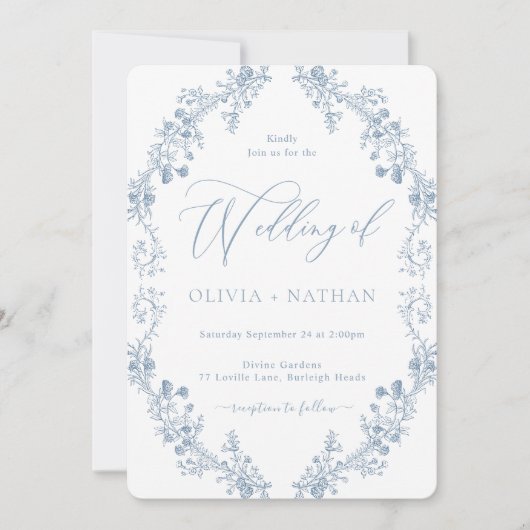 Prachtige Elegante  Blauwe Bloemen Huwelijk Kaart (Voorkant)