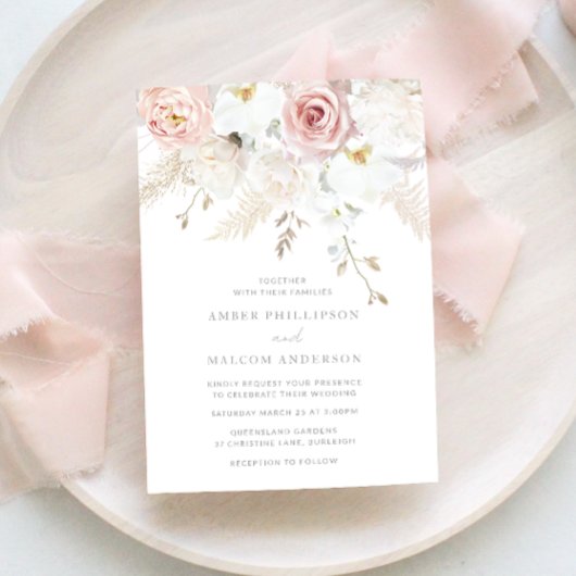 Prachtige elegantie: Blush & White Floral bruiloft Kaart