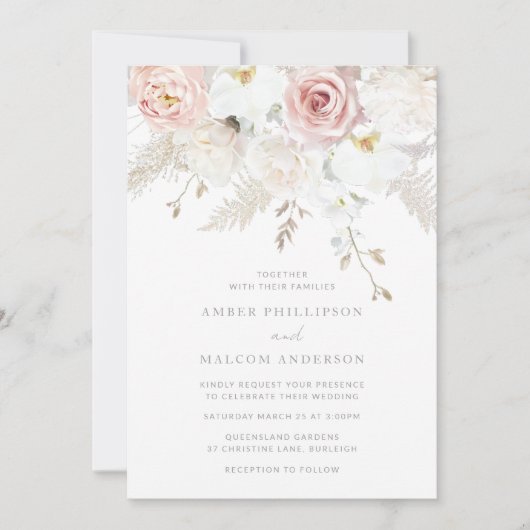 Prachtige elegantie: Blush & White Floral bruiloft Kaart (Voorkant)
