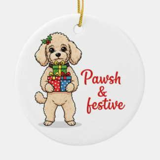 Prachtige en Festive Hond, Fancy Kersthond  Keramisch Ornament