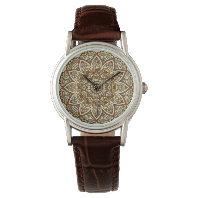 Prachtige exotische Boho Chic Mandala in Earth Ton Horloge (Voorkant)