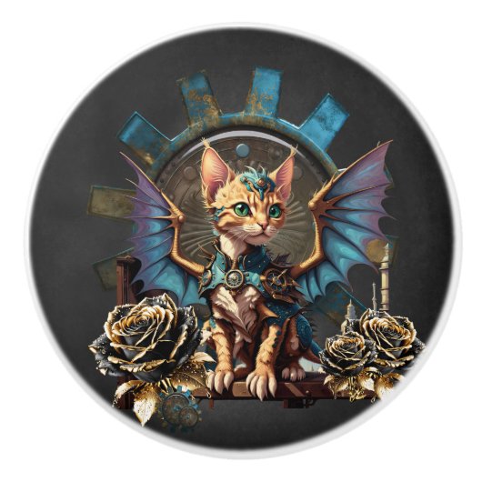 Prachtige fantasie steampunk kat. keramische knop (Voorkant)