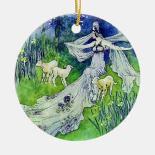 Prachtige feiën met lammeren, Warwick Goble Art Keramisch Ornament