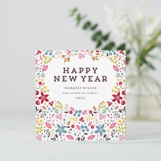 Prachtige Floral Happy Nieuwjaarstekst Feestdagenkaart (Staand voorkant)
