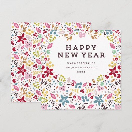 Prachtige Floral Happy Nieuwjaarstekst Feestdagenkaart (Voorkant / Achterkant)