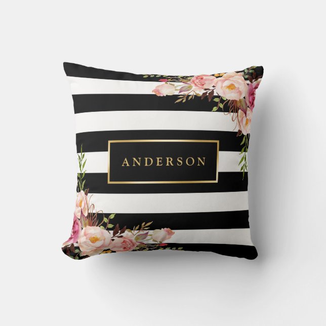 Prachtige "Floral wrap Gold Lijst" Elegant Stripes Kussen (Voorkant)