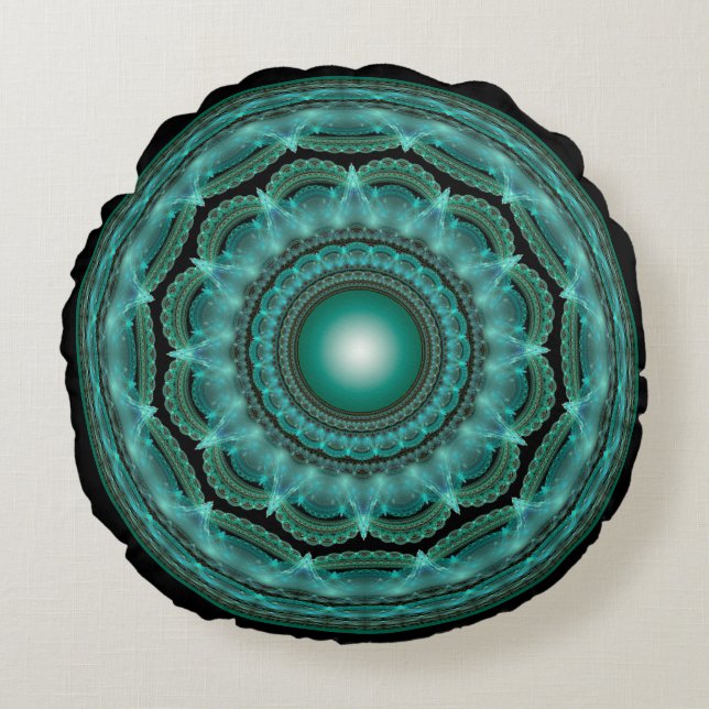 Prachtige fractale glanzende mandala rond kussen (Voorkant)